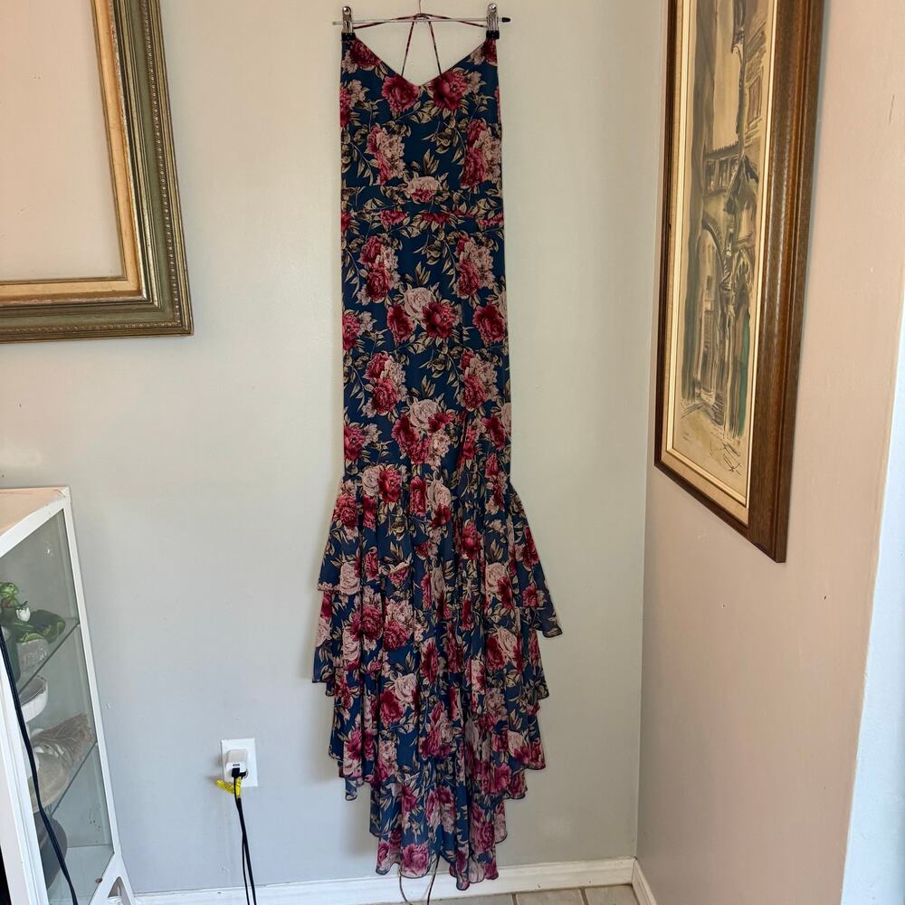 Floral Lace Up Back High Low Tiered Mermaid Maxi Dress Blue Pink Small